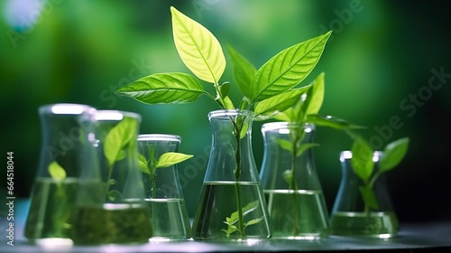 Biotechnology concept with green plant leaves, laboratory glassware, and conducting research, illustrating the powerful combination of nature and science in medical advancements.