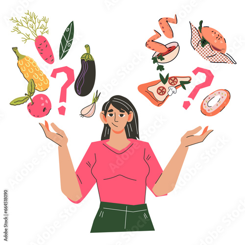 Woman chooses between unhealthy fatty fast food and healthy meal. Eating habits and meal plan, decision what to eat, flat cartoon vector illustration isolated on white background.