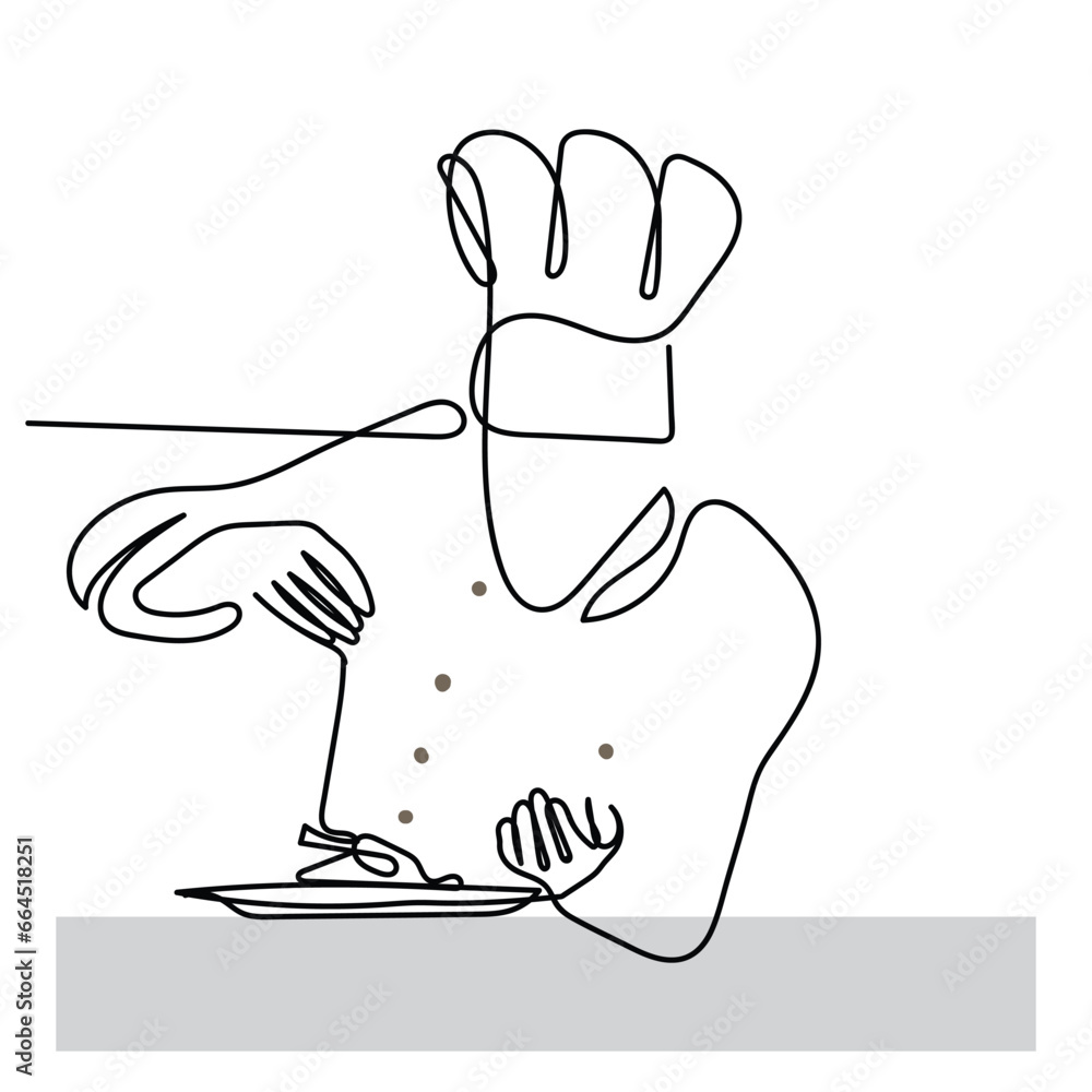 Continuous line art of process of cooking . Chef working in Kitchen. Creativity involved in cookery. Vector art. Continuous line art of a chef in hat. Vector art. Poster design ideas and elements. Cul - obrazy, fototapety, plakaty 
