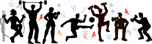 Active lifestyle banner concept with silhouette of people doing sports. Stay fit sport banner, physical fitness and sports activities.