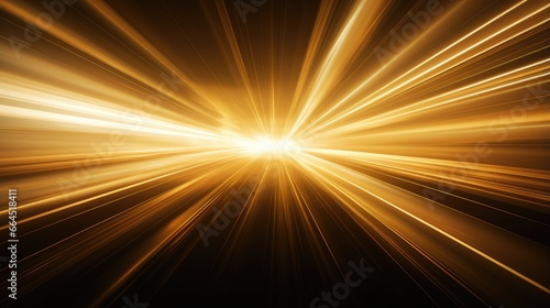 Abstract futuristic background with gold glowing neon moving high speed lines and bokeh lights.
