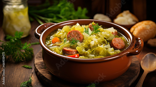 Czech food Traditional Zelnacka cabbage soup with sausages and vegetables in a bowl on rustic wooden table photo