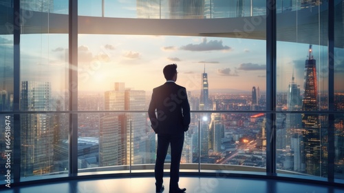 Full back view of successful businessman in suit standing in office. CEO looks at big city view through window in office. photo