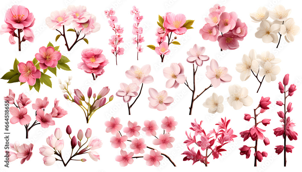 Collection of beautiful Japanese flowers and nature elements, set of various types of Cherry Blossoms, Kiku, Ume and Ayame isolated on white background