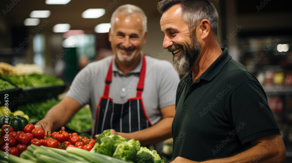 Seasoned Expertise, 60-Year-Old Supermarket Employee Offers Fresh Vegetables with a Smile Seasoned Expertise, 60-Year-Old Supermarket Employee Offers Fresh Vegetables with a Smile
