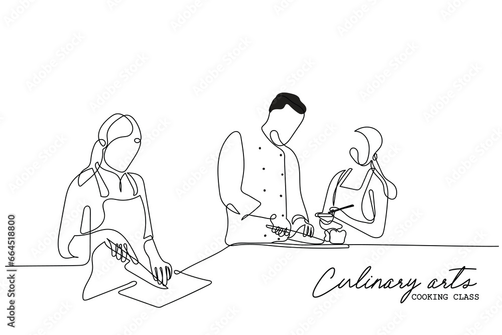 Continuous line art of process of cooking . Chef working in Kitchen. Creativity involved in cookery. Vector art. 