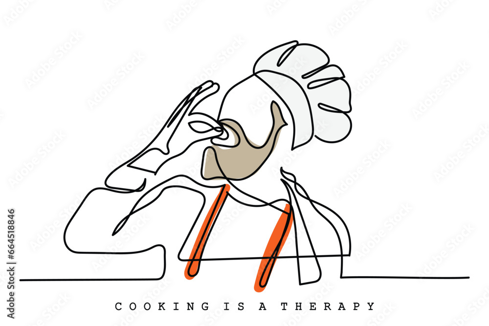 Continuous line art of process of cooking . Chef working in Kitchen. Creativity involved in cookery. Vector art.  - obrazy, fototapety, plakaty 
