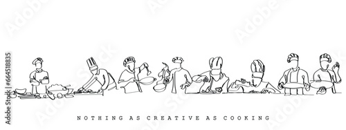 Continuous line art of process of cooking . Chef working in Kitchen. Creativity involved in cookery. Vector art. 