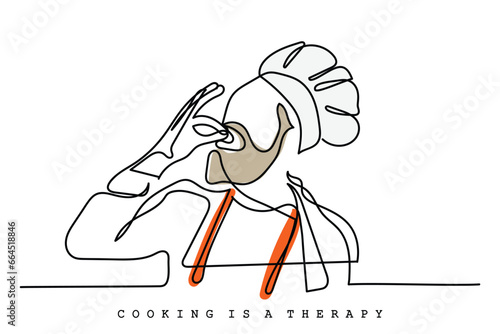 Continuous line art of process of cooking . Chef working in Kitchen. Creativity involved in cookery. Vector art. 