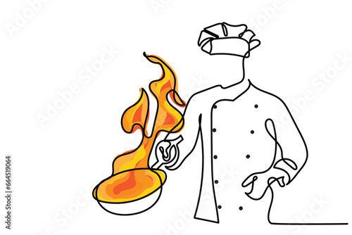  line art vectorof a chef in hat. Vector art. Poster design ideas and elements. Culinary art. Chef tossing wok. chhef life illustration