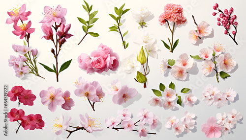 Beautiful Japanese flowers and nature elements, set of various types of Cherry Blossoms and Kiku, Plum Blossoms, Ayame isolated on white background 
