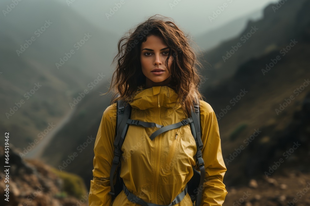 Portrait of a beautiful young woman in a yellow jacket with a backpack against the backdrop of mountains. Female tourist is engaged in hiking. Active lifestyle, travel and trekking concept.