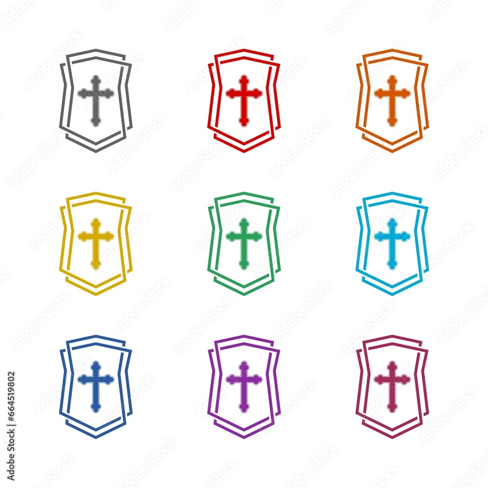 Christian cross and shield of faith icon isolated on white background. Set icons colorful Christian cross and shield of faith icon isolated on white background. Set icons colorful