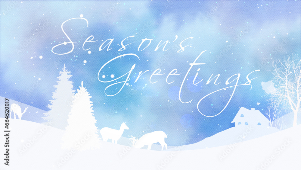 Seasons Greetings Winter Landscape with Watercolor Sky features a landscape with white silhouettes against a watercolor sky with animals and snow falling text saying season’s greetings, not A.I.