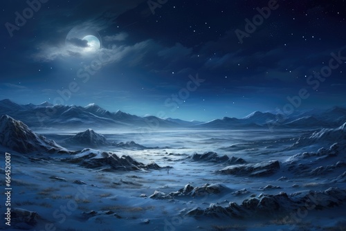 Moonlit snowy plains, silent and untouched beneath the starry sky