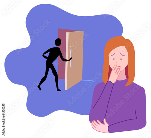 住居侵入の犯罪に不安を覚える女性のベクターイラスト