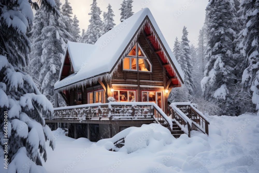 Traditional winter chalet, nestled amidst snow-blanketed trees.