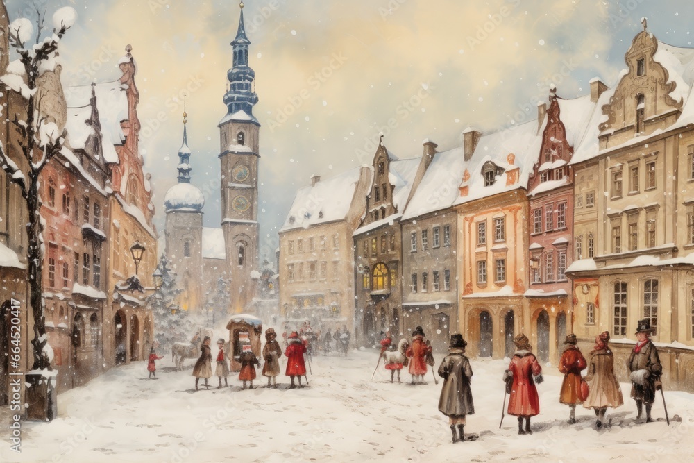 Vintage winter postcard, snow-covered town square with carolers singing. - obrazy, fototapety, plakaty 