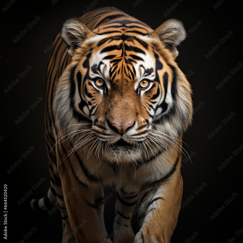 Fototapeta premium Fotografia con detalle de tigre con mirada fija, con fondo de color negro