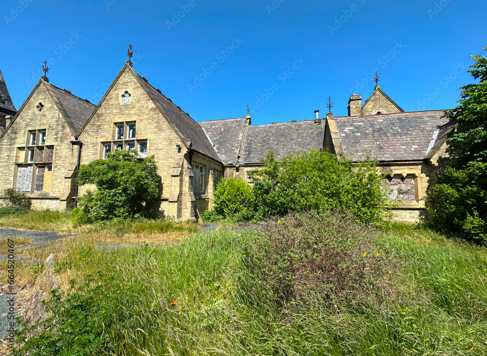 Derelict Victorian stone  building, with bushes, and weeds in the foreground, set against a blue sky in, Oakes, Huddersfield