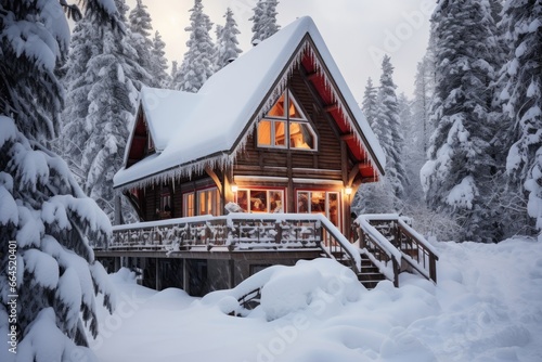 Traditional winter chalet, nestled amidst snow-blanketed trees. © furyon