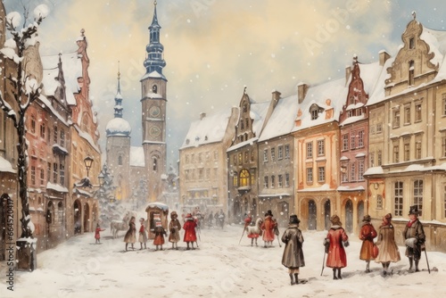 Vintage winter postcard, snow-covered town square with carolers singing.