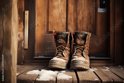 Warm winter boots placed by the door, fresh snowfall outside.