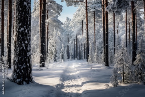 Winter pine forest, soft snowfall covering the ground.