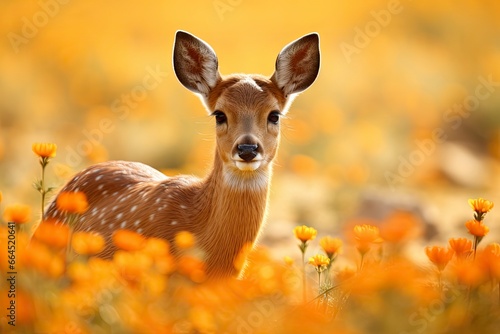 Female roe deer with beautiful flower. © Md