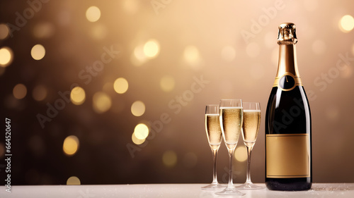 three glasses, Glass of champagne with champagne bottle, flute, celebration event, packshot, celebrating New Year's Eve, wedding, birthday, anniversary, sparkling wine,  photo
