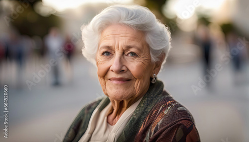 Elderly lady outdoors portrait with copy space