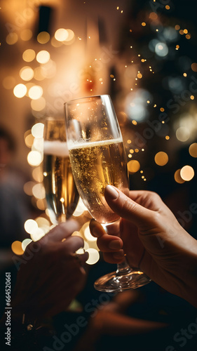 Two hands with glasses of champagne cheering, celebrating new year's eve, toast, cheering, wedding and birthday, special event, celebrating together, party, anniversary, sparkling wine, 2024, 2025, 