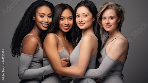 group of smiling multicultural women in sportswear looking at camera isolated on grey. Multicultural and multi-ethnic concept. Ai generative