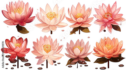 set of pink and red waterlilies isolated on transparent background