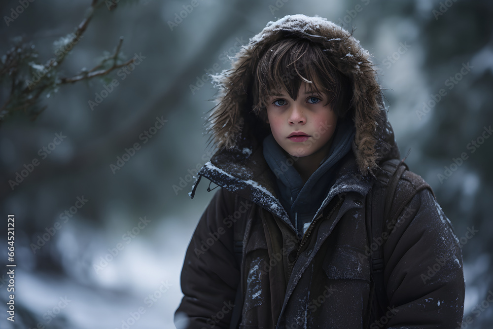 Caucasian boy lost in forest at snowy winter day. Neural network generated image. Not based on any actual person or scene. Caucasian boy lost in forest at snowy winter day. Neural network generated image. Not based on any actual person or scene.