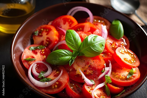 Healthy tomato salad with onion basil olive oil and balsamic vinegar. © Md