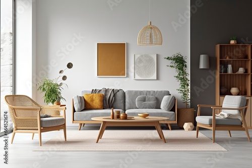 Interior of light living room with grey sofas, wooden armchair, and coffee table.