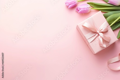 Pink gift box with ribbon bow and bouquet of tulips on isolated pastel pink background. © Md