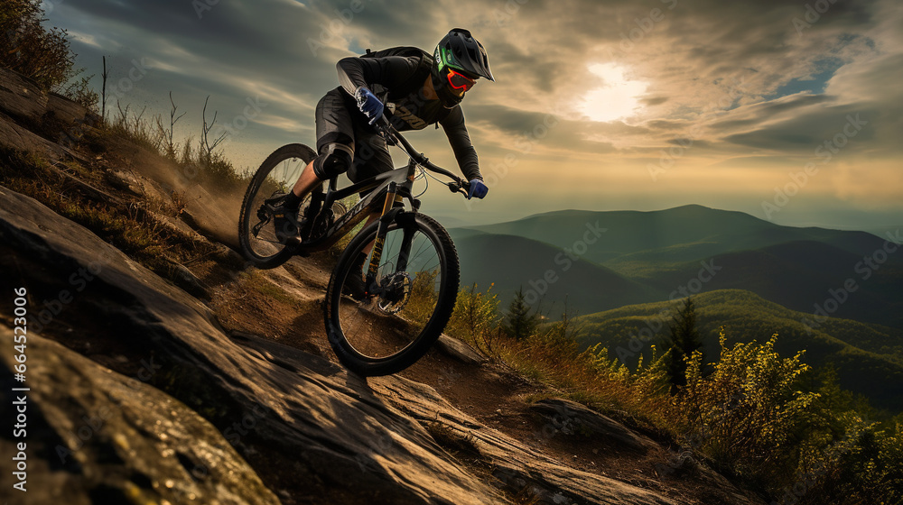 Naklejka premium Adventurous Mountain Biker Swiftly Descending a Thrilling Trail: Exhilarating Outdoor Recreational Lifestyle Sport Amidst the Beauty of Nature 