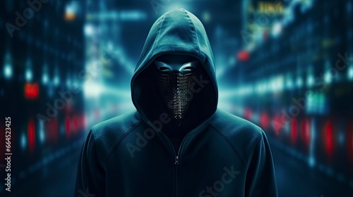 Binary Intrigue. Anonymous robotic hacker. Concept of hacking.