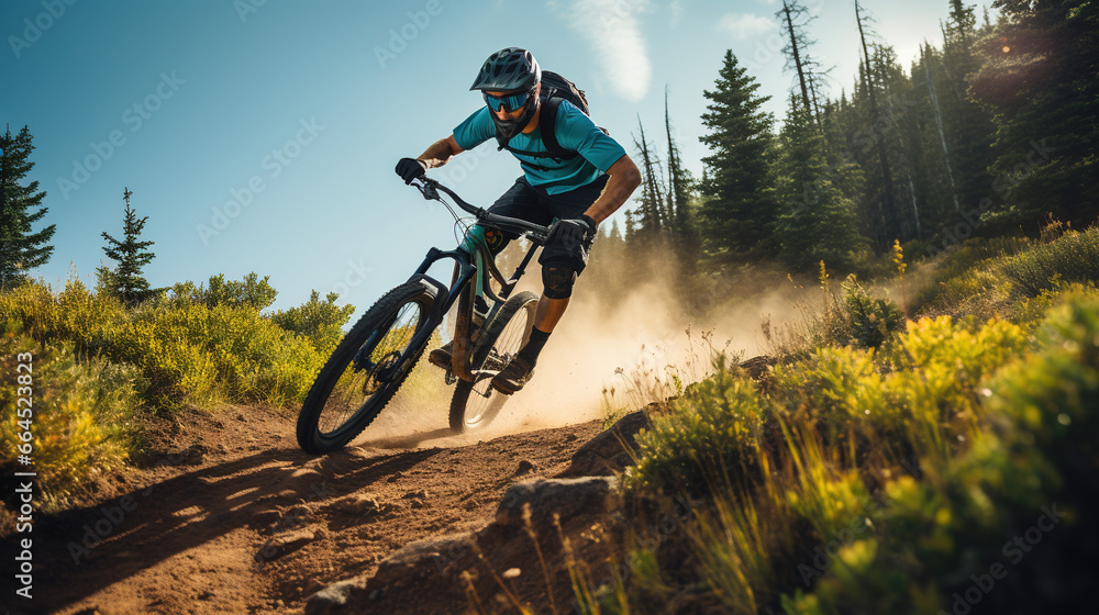 Naklejka premium Adventurous Mountain Biker Swiftly Descending a Thrilling Trail: Exhilarating Outdoor Recreational Lifestyle Sport Amidst the Beauty of Nature 