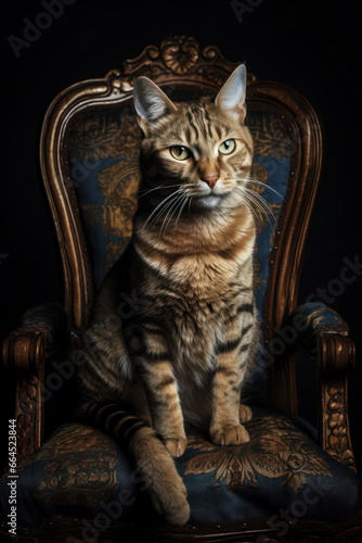 european cat sitting on a baroque armchair