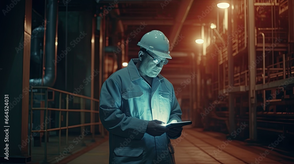 Engineer working in oil refinery at night Engineer working in oil refinery at night