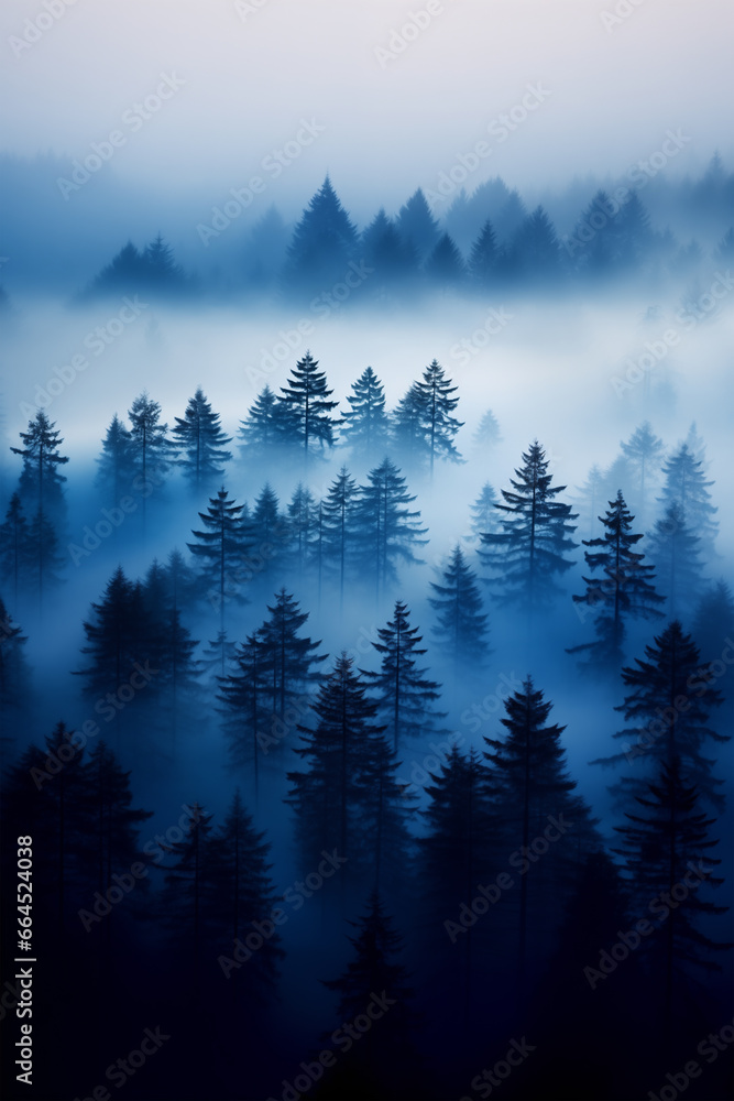 Misty morning in a tranquil blue forest