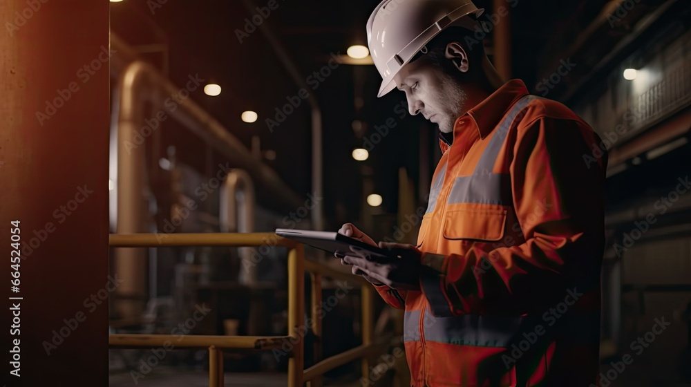 Engineer working in oil refinery at night