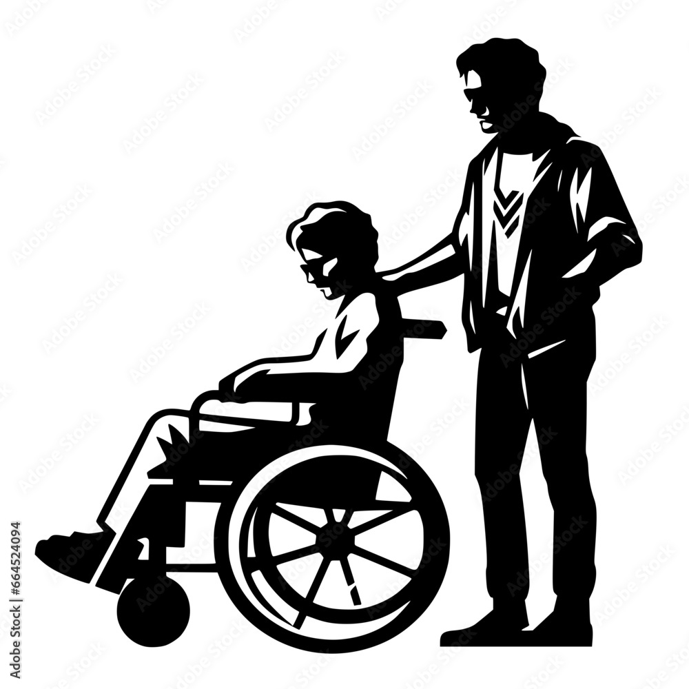 Celebrating Differences: Minimalist Vector Silhouettes of People with Disabilities, Editable Stroke graphics,, wheelchair user and helper, risography 90s style Celebrating Differences: Minimalist Vector Silhouettes of People with Disabilities, Editable Stroke graphics,, wheelchair user and helper, risography 90s style