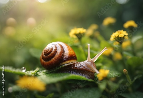 Beautiful blurred close up snail stay at meadow flower nature with blooming glade