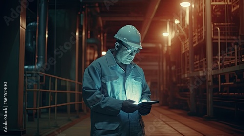 Engineer working in oil refinery at night