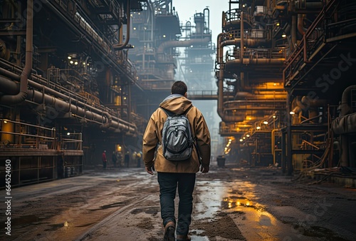 Engineer working in oil refinery at night