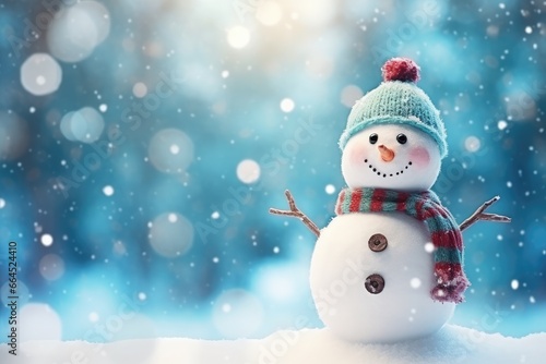 Bright illustration Winter card for Christmas. Funny snowman in a hat and scarf against the background of a snow-covered Christmas tree. Winter cold landscape. © AndErsoN